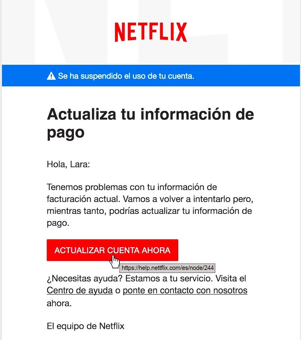 Correo de Netflix con dominio falso
