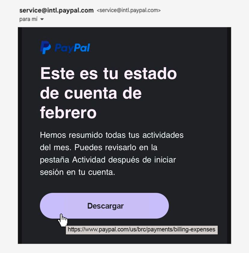 Correo de PayPal con enlace legítimo