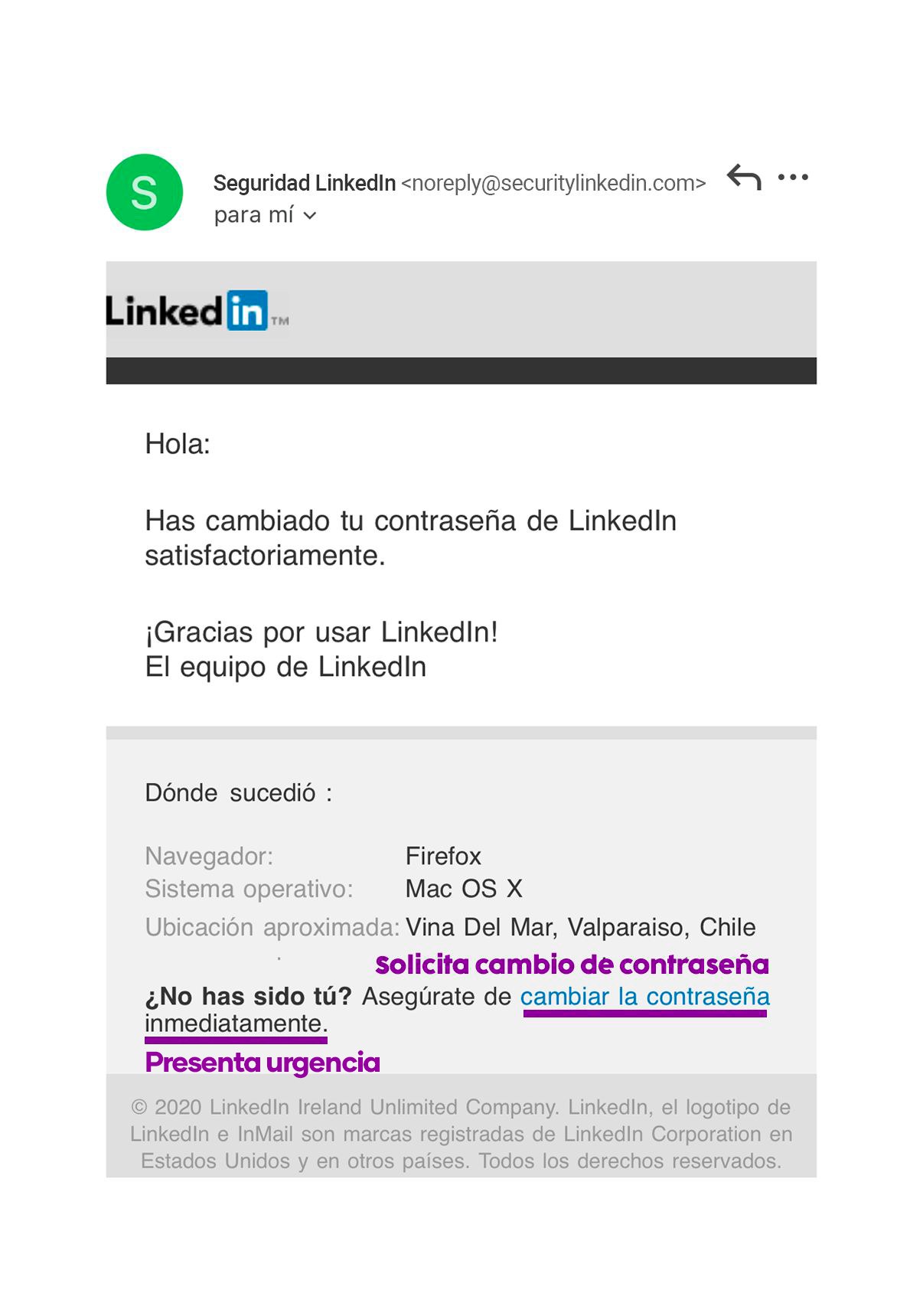 Correo de phishing vertical con urgencia marcada